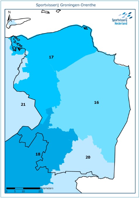 16 = Waterschap Hunze en Aa's; 17 = Waterschap Noorderzijlvest; 18 = Waterschap Drents Overijsselse Delta; 20 = Waterschap Vechtromen